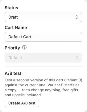 A/B test section in the cart editor Status card with the Create A/B test button