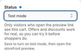 Status card with Test mode selected and the save hint