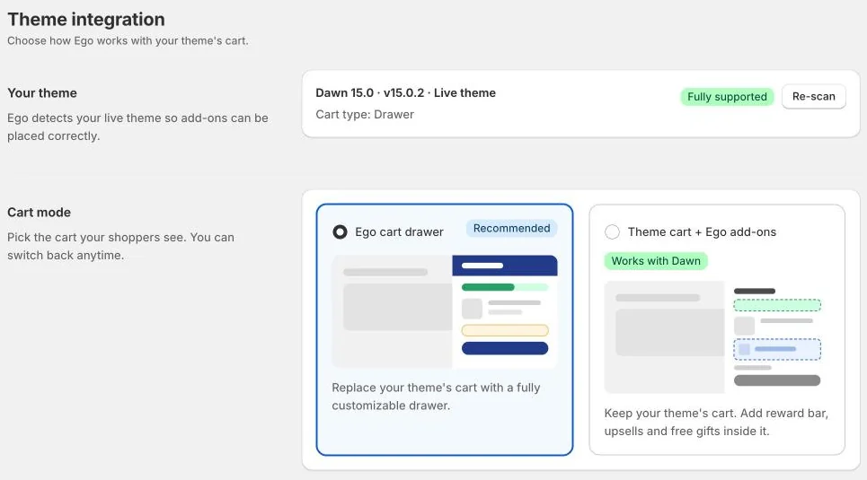 Theme integration page showing the detected theme and the two cart mode cards