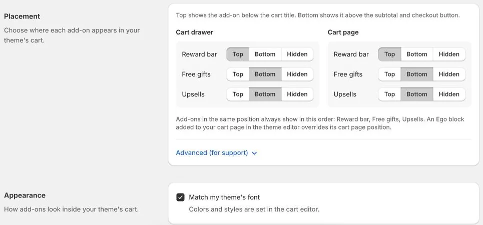 Placement and Appearance cards with Top, Bottom and Hidden options for the cart drawer and cart page