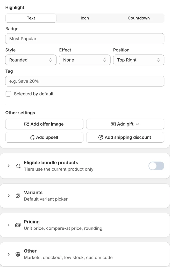 Highlight, add-ons and the Eligible bundle products, Variants, Pricing and Other sections