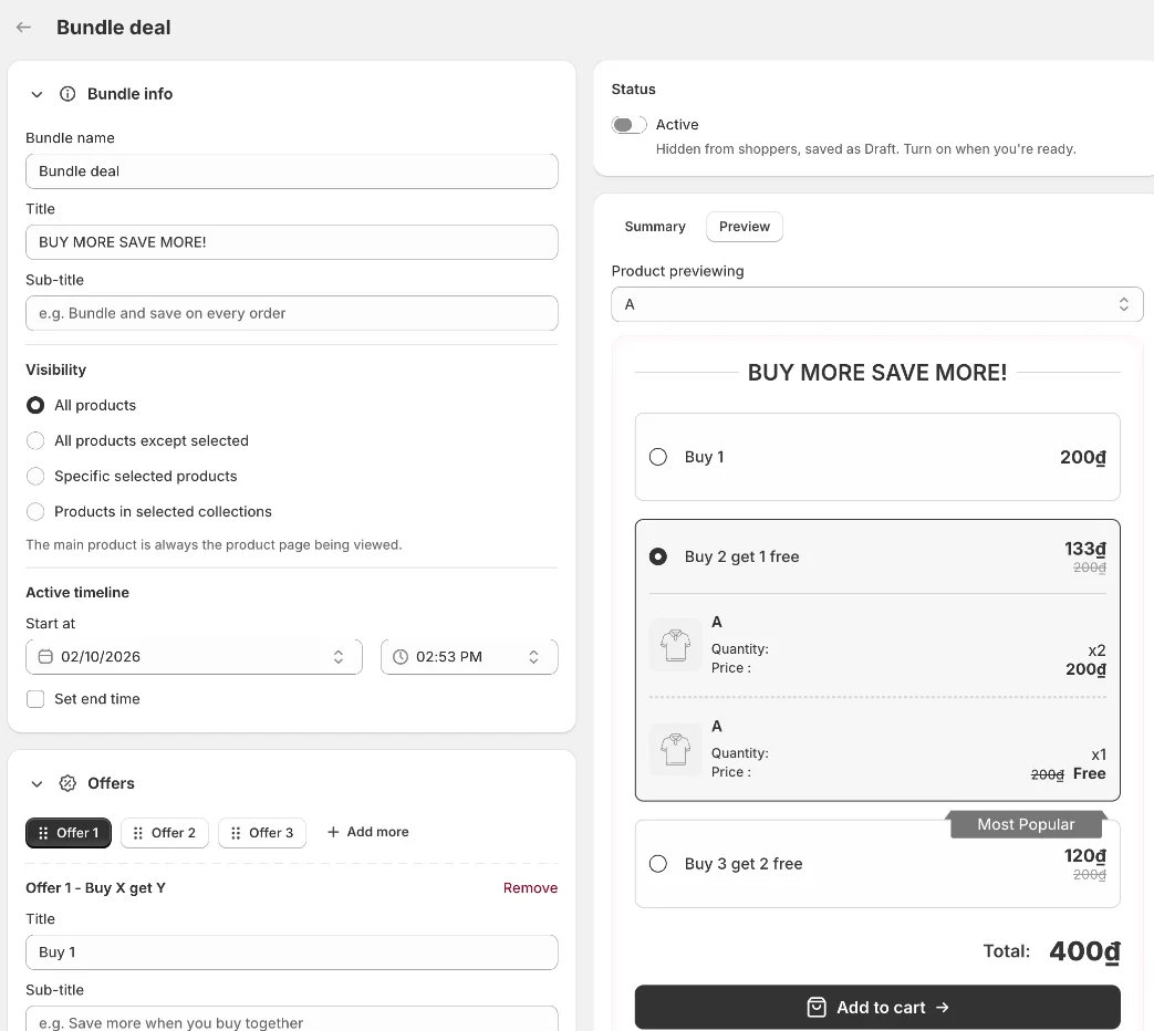 Bundle info, Visibility, Active timeline and live preview