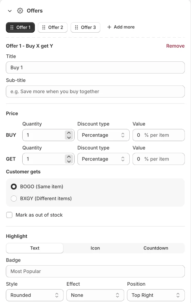 Offer tier settings for a Buy X get Y offer