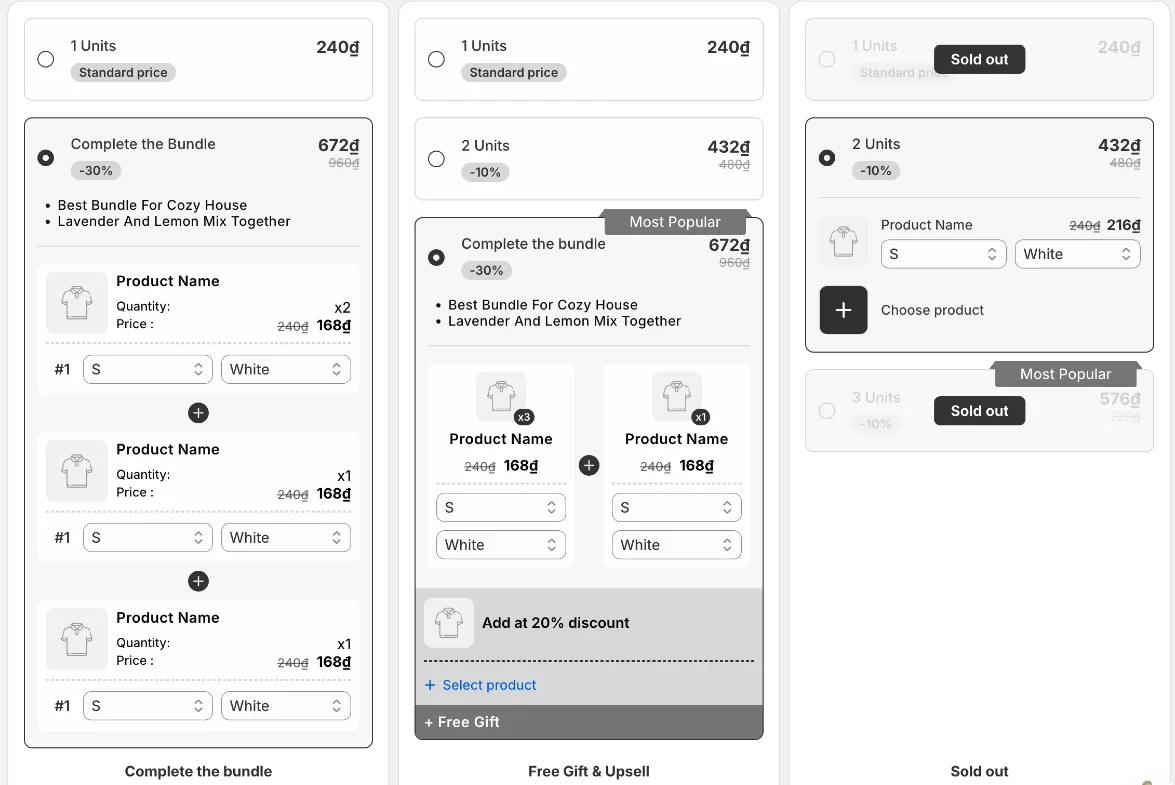 Bundle templates: complete the bundle, free gift & upsell and sold out