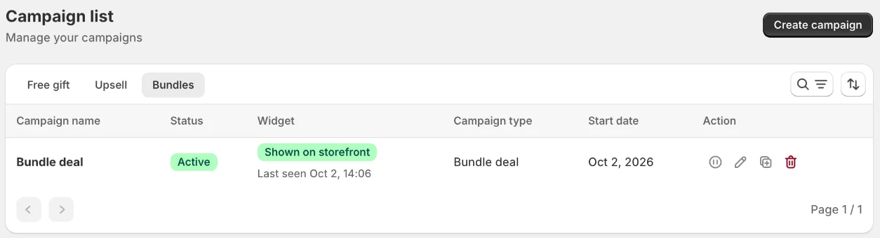 Bundles tab of the campaign list