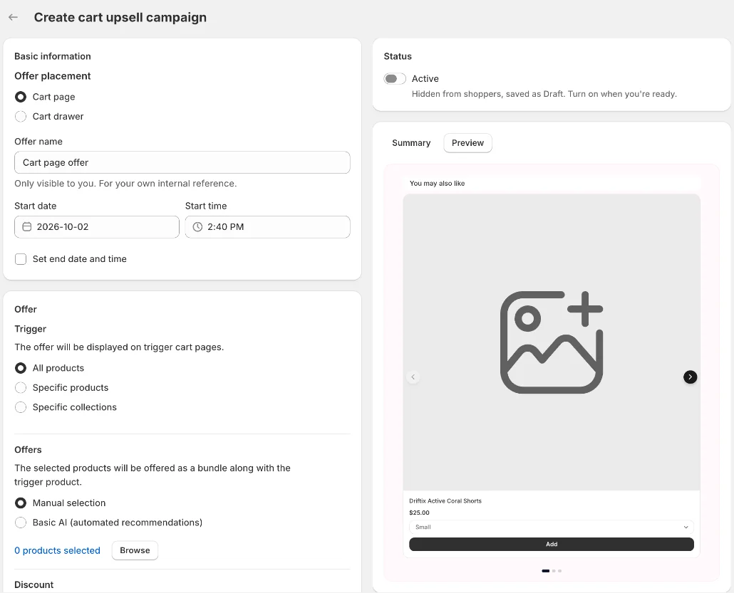 Cart upsell editor: Basic information, Offer and live preview