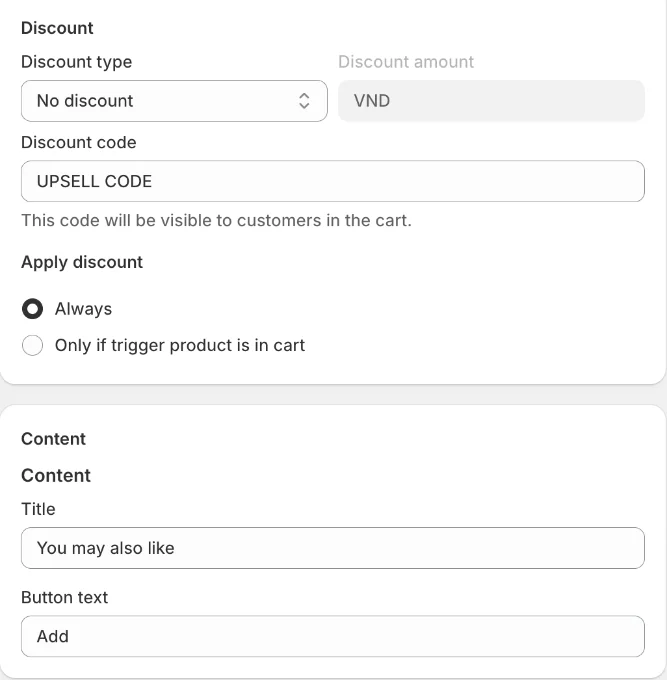 Cart upsell Discount and Content
