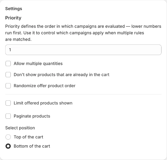 Cart upsell Settings