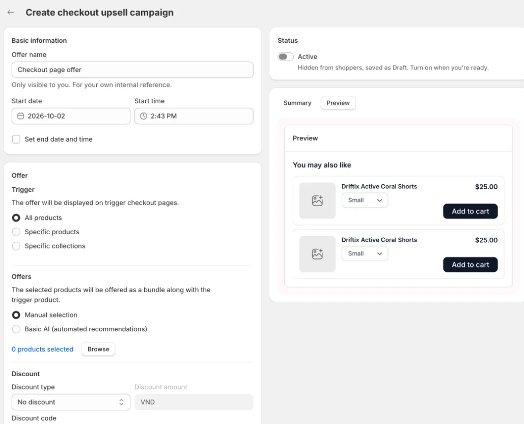 Checkout upsell editor: Basic information, Offer and preview