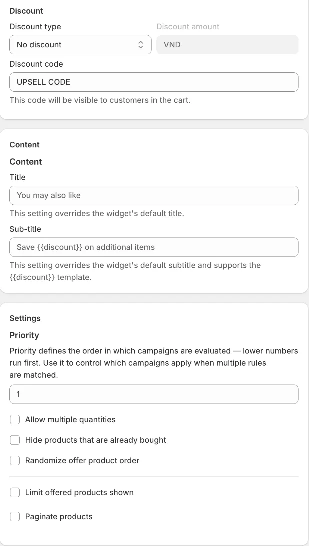 Checkout upsell Discount, Content and Settings