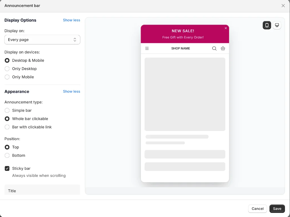 Announcement bar settings with live preview