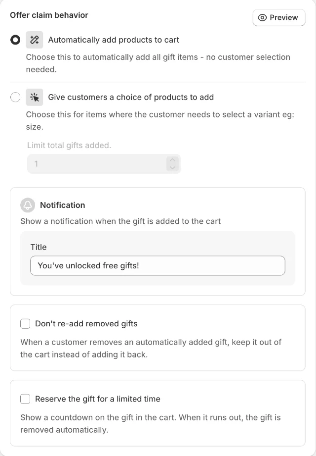 Offer claim behavior with notification and gift options