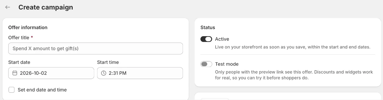 Offer information and Status card with the Active and Test mode toggles
