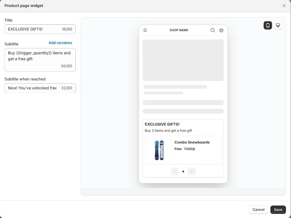 Product page widget settings with live preview