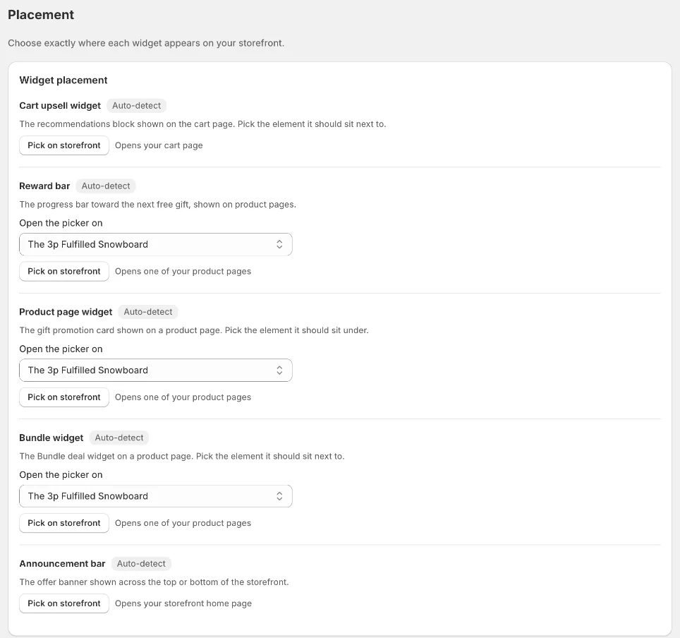 Placement page with the Bundle widget picker