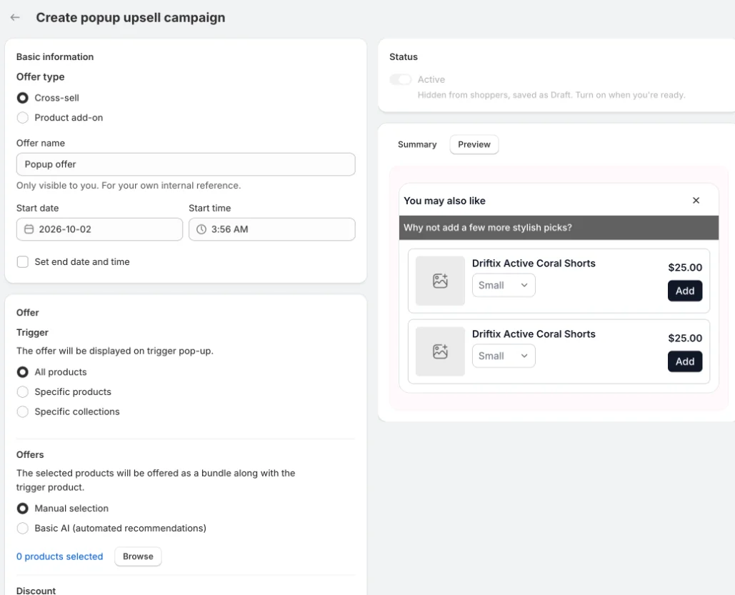 Pop-up upsell editor: Offer type, Offer and live preview