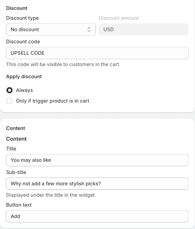 Pop-up upsell Discount and Content