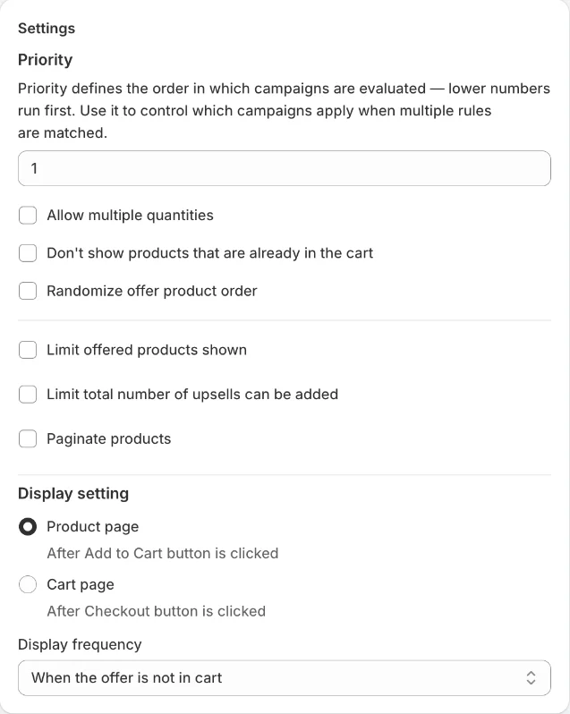Pop-up upsell Settings with Display setting and Display frequency