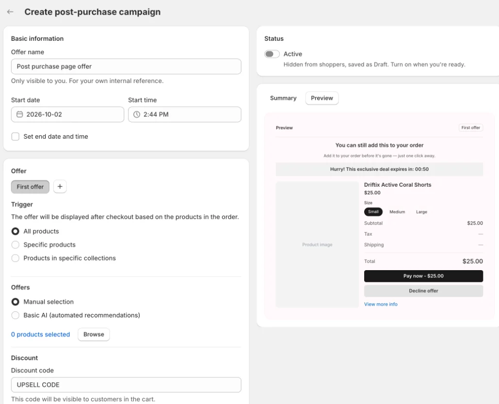 Post-purchase editor: Basic information, Offer and preview
