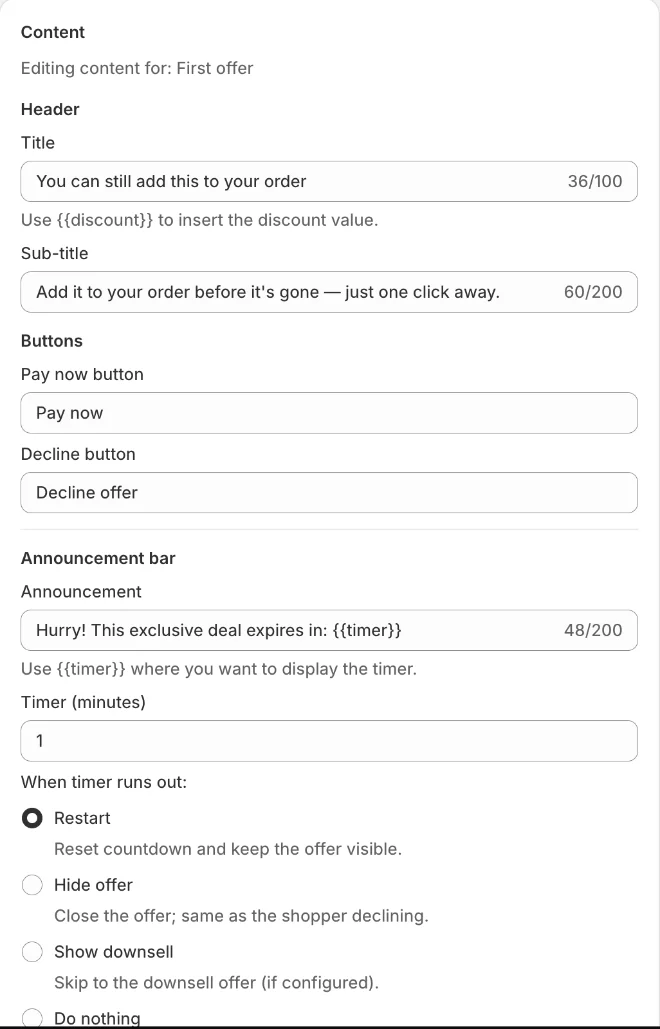 Post-purchase Content: header, buttons and announcement bar timer
