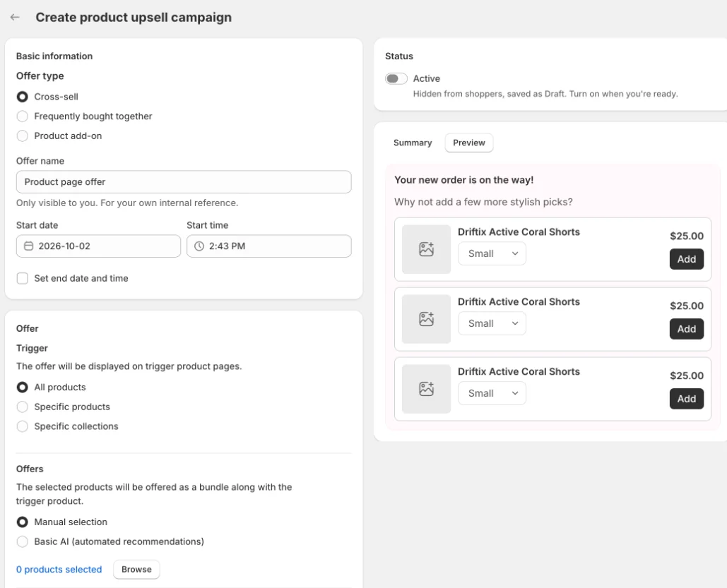 Product page upsell editor with Cross-sell, Frequently bought together and Product add-on