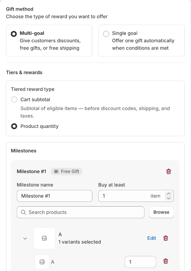 Multi-goal gift method with Tiers & rewards and Milestones