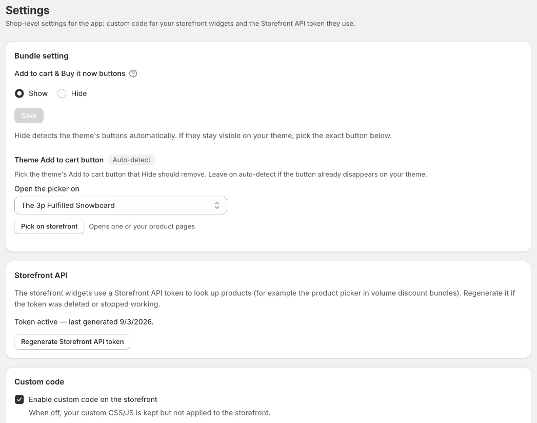 Settings page with Bundle setting