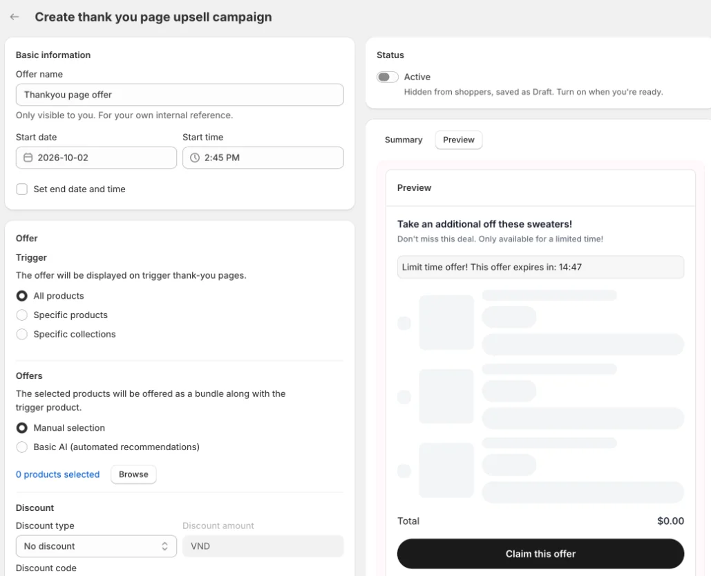 Thank you page upsell editor: Basic information, Offer and preview