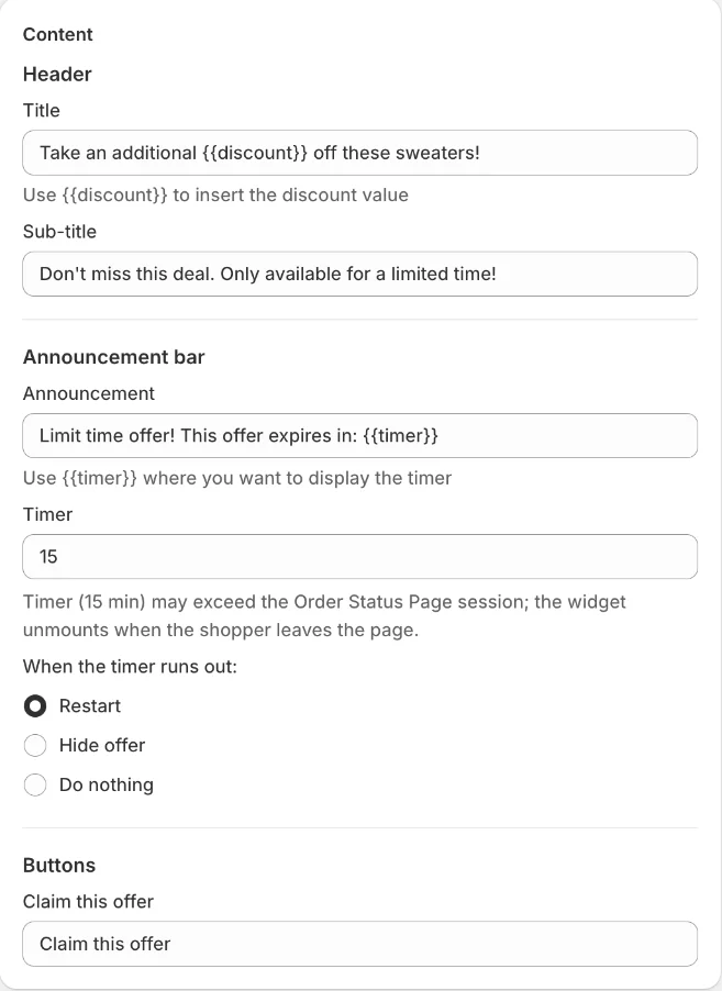 Thank you page Content: header, announcement bar timer and button