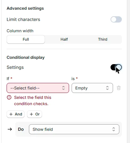 Conditional display: If a field is a value, then show or hide the field