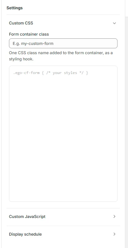 Settings panel: form container class, custom CSS, custom JavaScript and display schedule