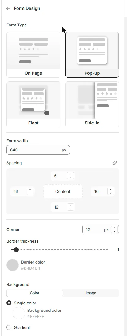 Form Design: form type, width, spacing, corner, border and background