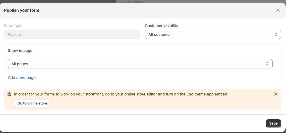 Publish your form: form type, customer visibility, show in page and the theme app embed warning
