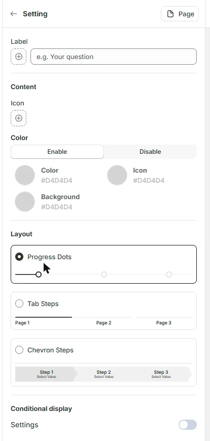 Step indicator settings: label, icon, colours and the Progress Dots, Tab Steps and Chevron Steps layouts