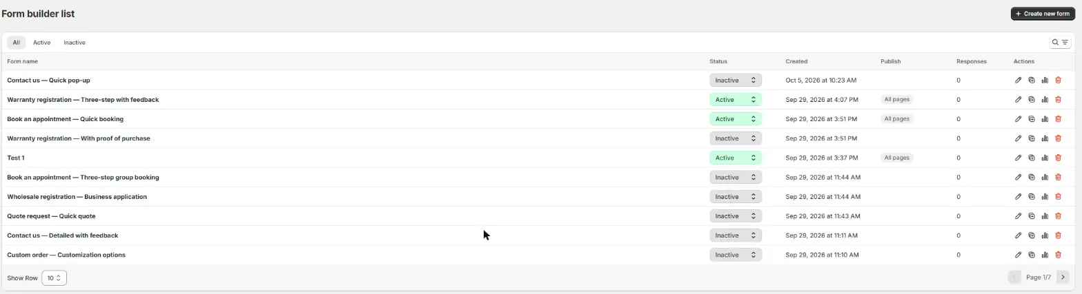 Create new form button on the form builder list